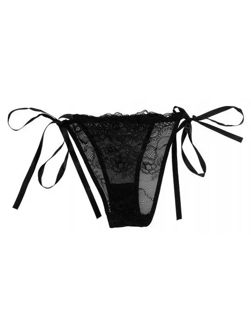 Black lace lingerie with ribbon straps on a white background