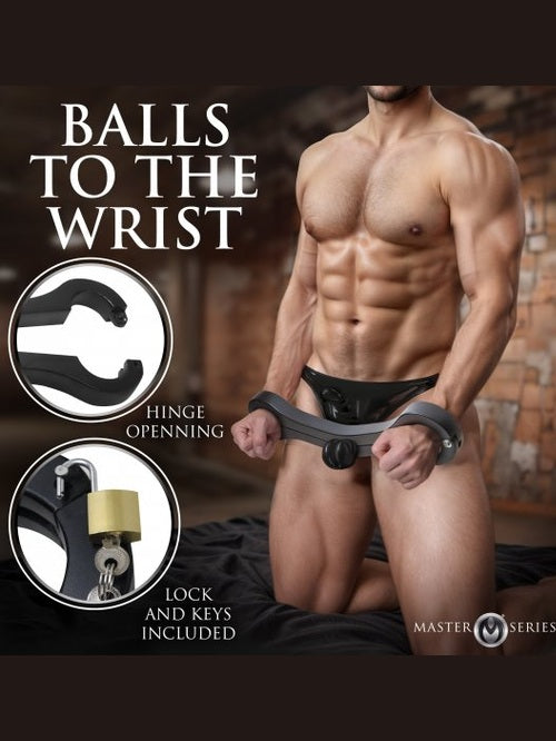 Man holding a chastity device with 'Balls to the Wrist' text and product features.