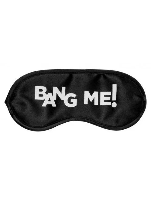 Black sleep mask with 'BANG ME!' text on a white background