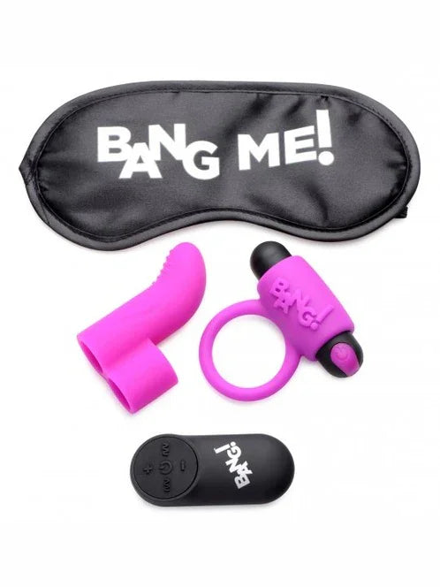 Pink silicone toys with 'Bang Me!' branding on a black sleep mask and remote control.