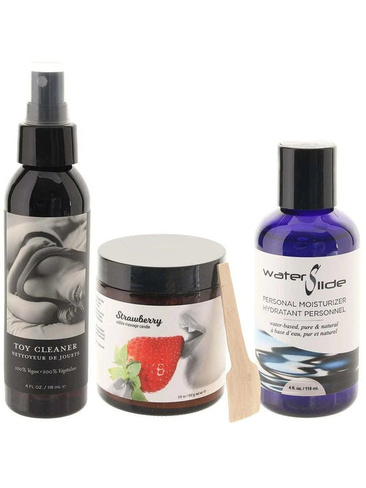 Three personal care products including a spray bottle, jar, and bottle on a white background.