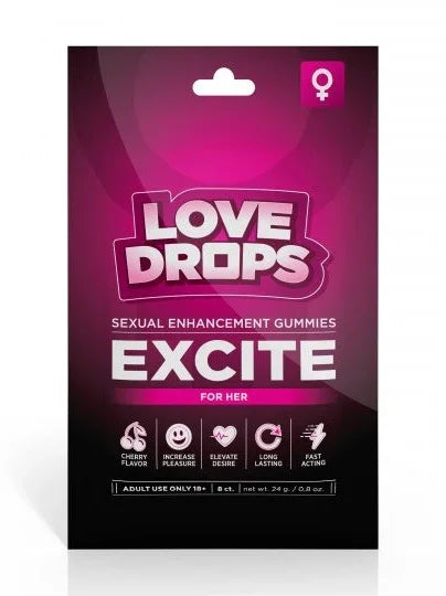 Package of Love Drops Excite sexual enhancement gummies for her on a white background