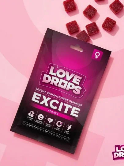 Package of Love Drops Excite sexual enhancement gummies on a pink background