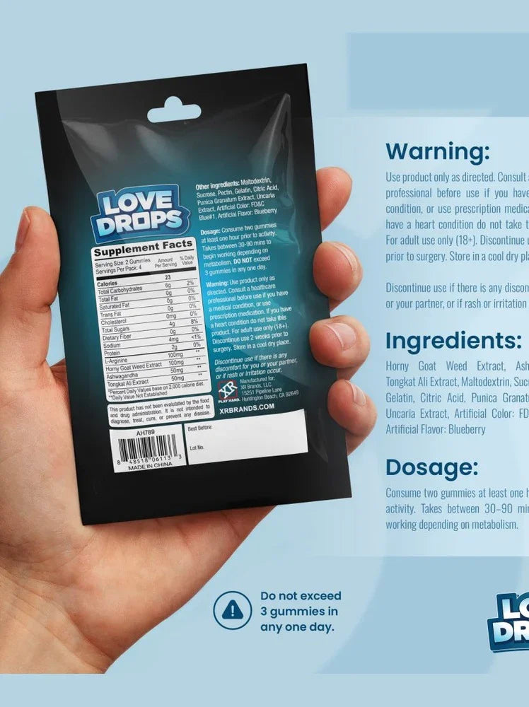 Hand holding a Love Drops supplement package with detailed label on a light blue background