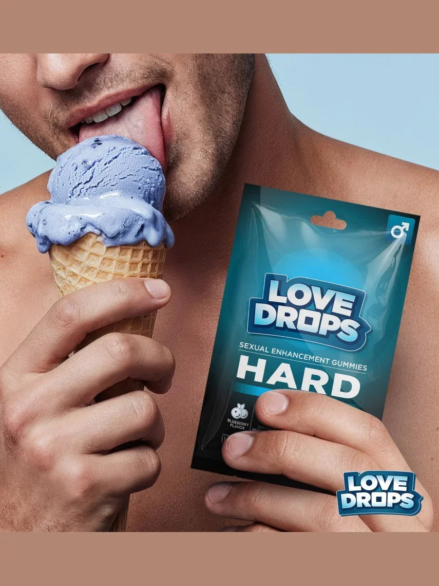 Man holding a blue ice cream cone and a package of Love Drops Hard gummies against a blue background