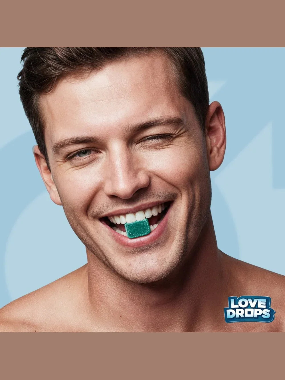 Man with a green candy in his mouth against a blue background, featuring the Love Drops logo.