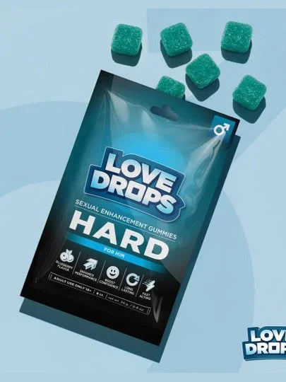 Package of Love Drops Hard sexual enhancement gummies on a blue background