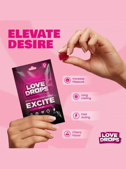 Hand holding a 'Love Drops Excite' package with pink background