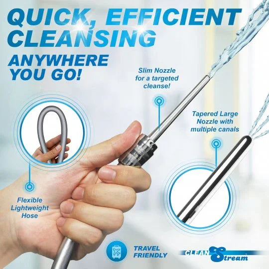 Handheld cleaning tool with various nozzles and text highlighting features and benefits.