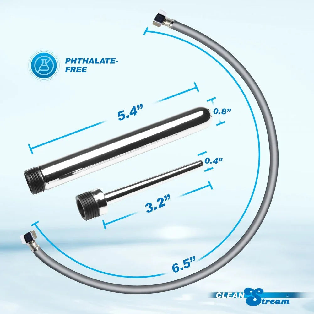 Measurement chart of a hose with labeled dimensions on a light blue background