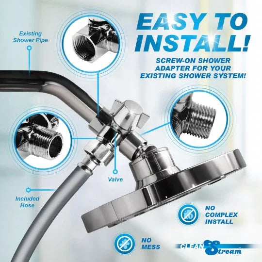 Screw-on shower adapter with labeled parts and text on a light blue background