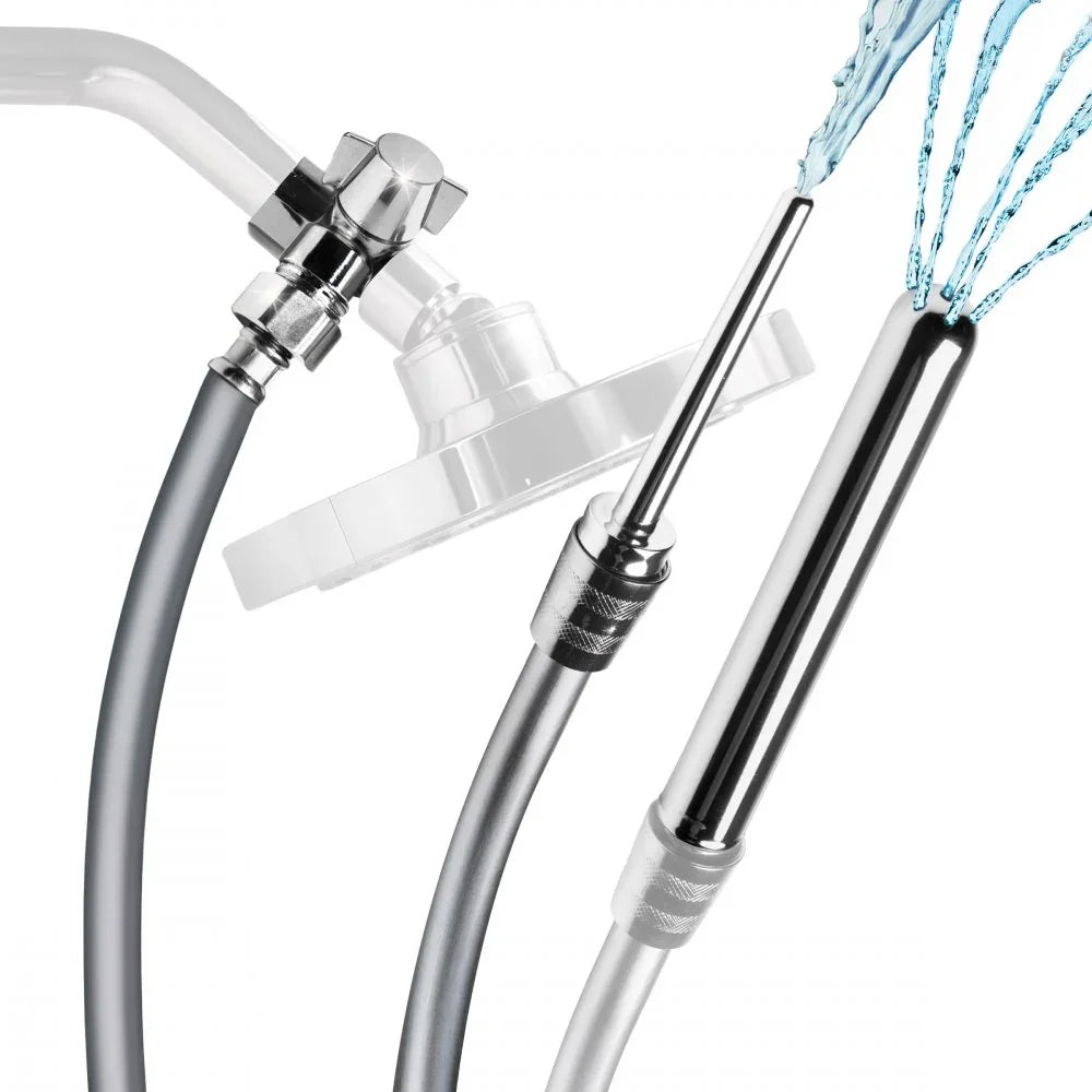 Chrome shower head with flexible hose and water spray on a white background