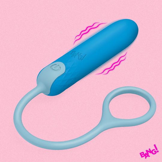A blue and light blue personal massager with a loop handle, shown on a solid pink background with pink vibration graphic lines.