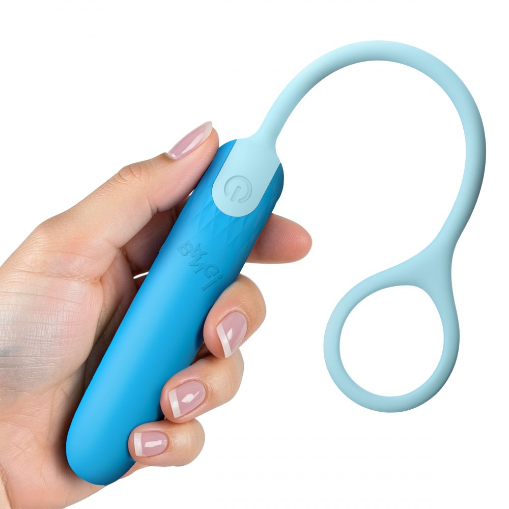 A hand holding a bright blue personal massager with a light blue curved arm and ring, shown against a plain white background.