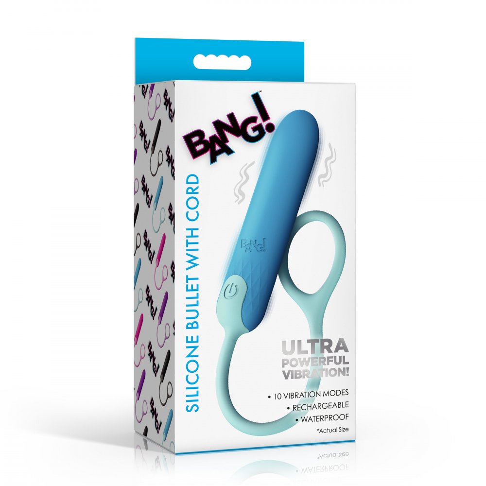 The retail packaging box for the BANG! Silicone Bullet with Cord, featuring a white and blue design with a graphic of the light blue silicone bullet vibrator.