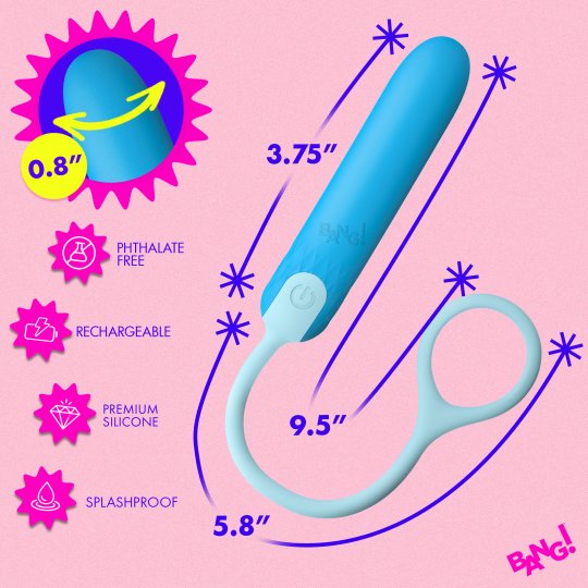 A light blue rechargeable silicone personal massager with a curved main body and a smaller looped attachment, shown on a pink background with measurement lines and feature callouts including '0.8"', '3.