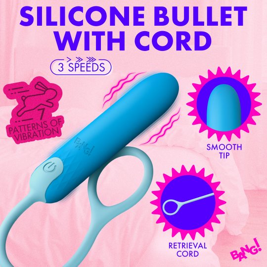 A blue silicone bullet vibrator with a retrieval cord, shown on a pink background with promotional text and icons highlighting smooth tip and retrieval cord features.
