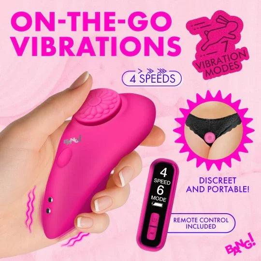 Pink handheld vibrator with remote control on a pink background, featuring text about vibrations and modes.