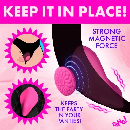 Product advertisement with a pink device and text about magnetic force and party in panties on a pink background.