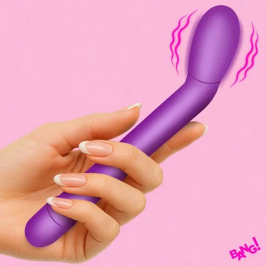 Hand holding a purple toy with a pink background and 'BANG!' text.
