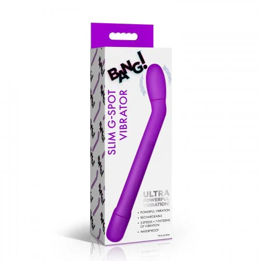 Purple G-Spot vibrator with packaging on a white background
