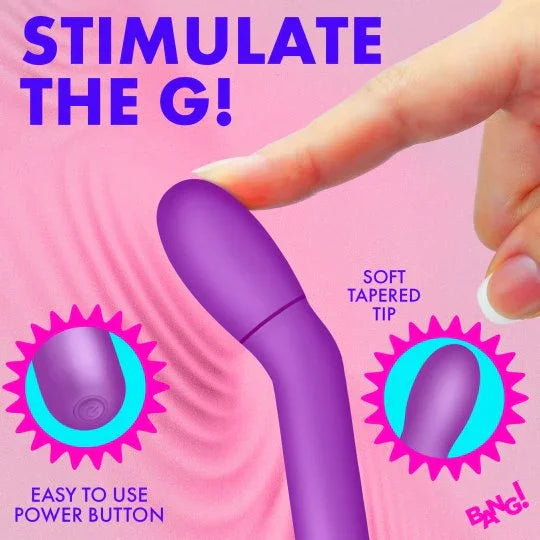 Purple device with soft tapered tip being held by a hand on a pink background, with text promoting its features.