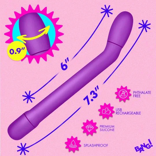 Purple toy with measurements and features on a pink background