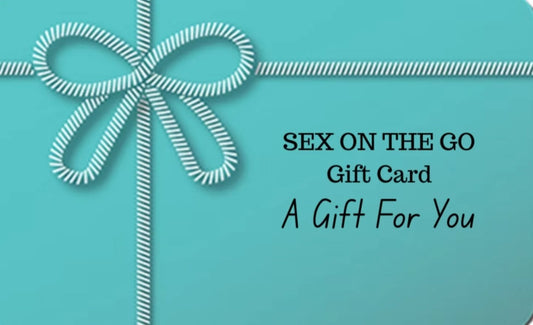 Gift card with blue background and white ribbon, text 'Sex on the Go Gift Card A Gift For You'.