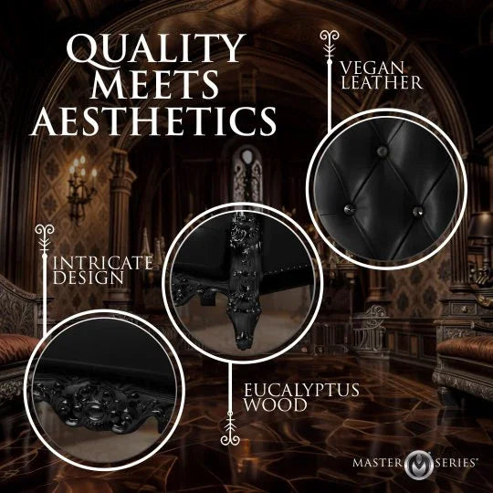 Advertisement for furniture with text highlighting 'Quality Meets Aesthetics' and features like vegan leather, intricate design, and eucalyptus wood.