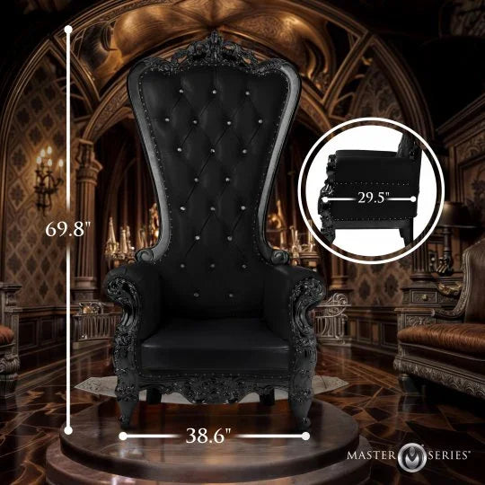Black throne chair with measurements in an ornate room, featuring 'Master Series' branding.