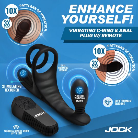 Vibrating C-ring and anal plug with remote on a blue background, featuring Jock brand.