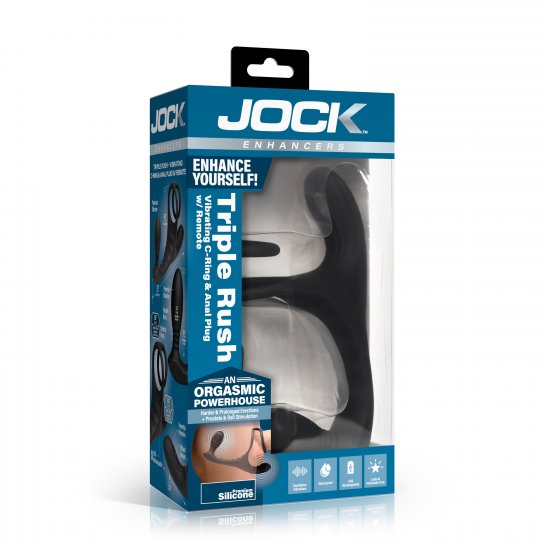 Jock Enhancers packaging with 'Triple Rush' and 'Orgasmic Powerhouse' text on a white background
