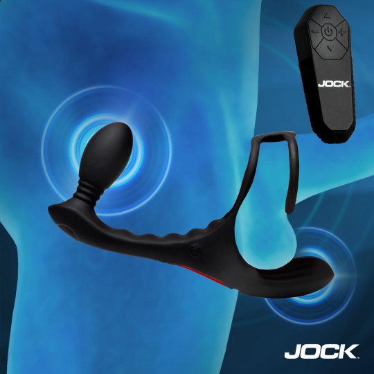 Black JOCK product with remote control on a blue background