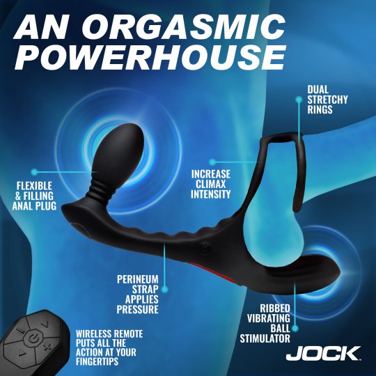 Sexual product with features highlighted on a blue background, featuring the brand 'Jock'.