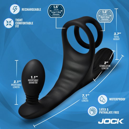 Black Jock product with measurements and features on a blue background