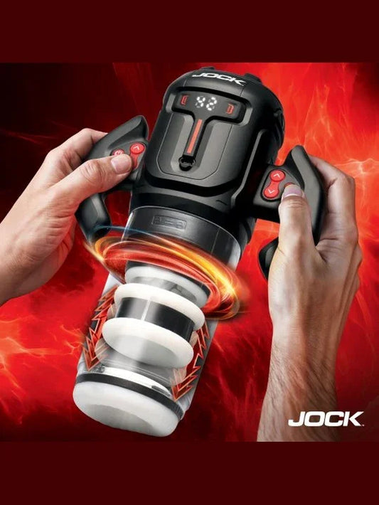 Jock product with digital display and flames on a red background