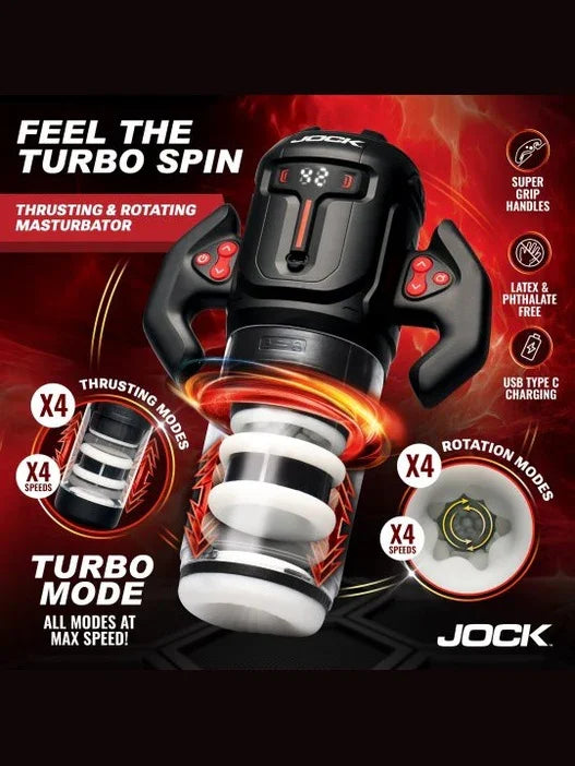 Jock thrusting and rotating masturbator with features highlighted on a red background