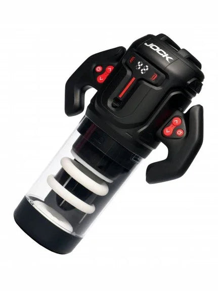 Black handheld vacuum cleaner with digital display on a white background