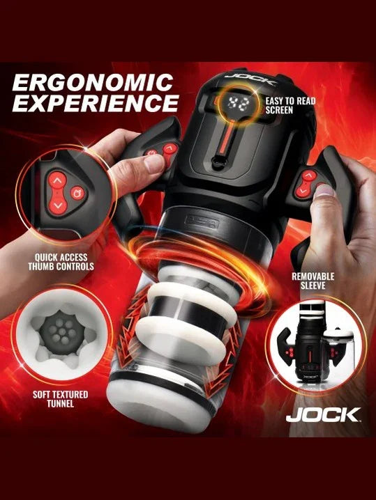 Ergonomic device with features highlighted on a red background, featuring the brand 'JOCK'.