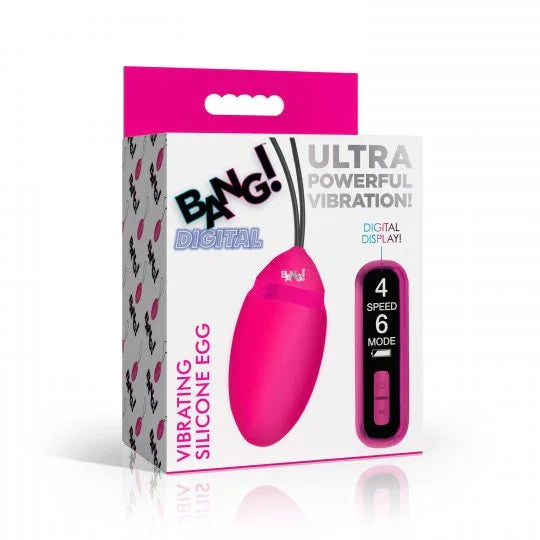 Box of a 'Bang!' digital vibrating silicone egg on a white background