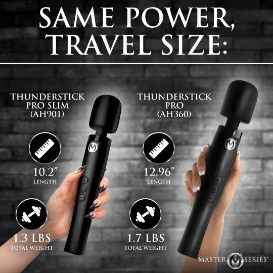 Two black Thunderstick Pro devices held by hands with measurements and weights displayed.