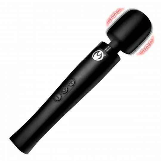 Black handheld device with buttons and a logo on a white background