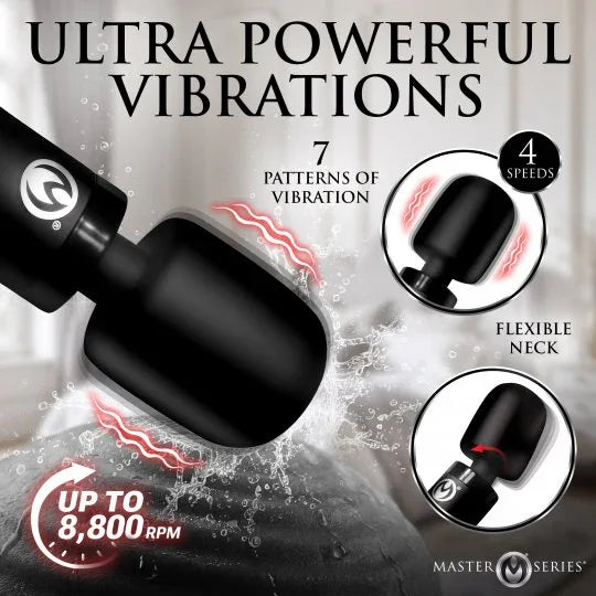 Black and red massage tool with text highlighting features on a gray background
