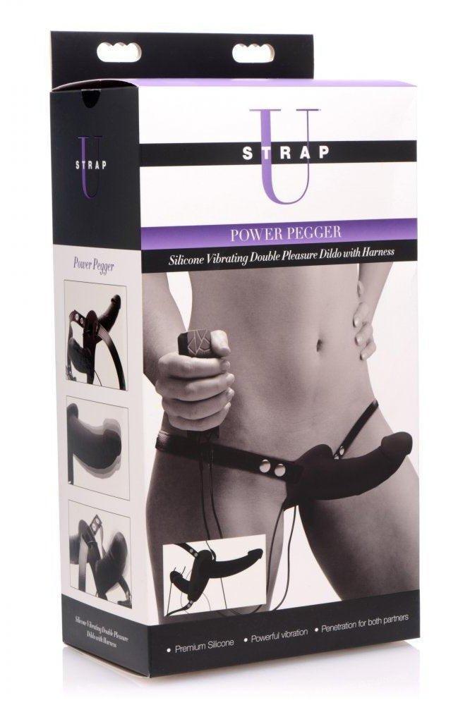Power Pegger Black Silicone Vibrating Double Dildo with Harness - Sex On the Go