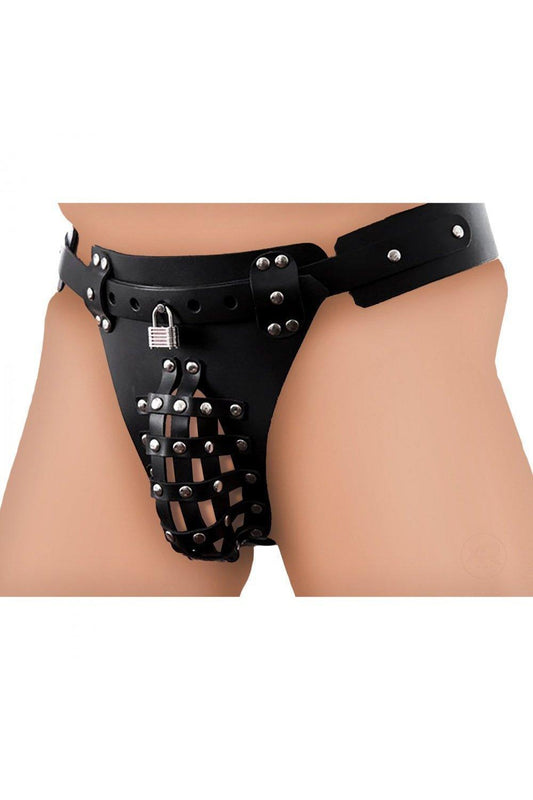The Safety Net Leather Male Chastity Belt with Anal Plug Harness - Sex On the Go