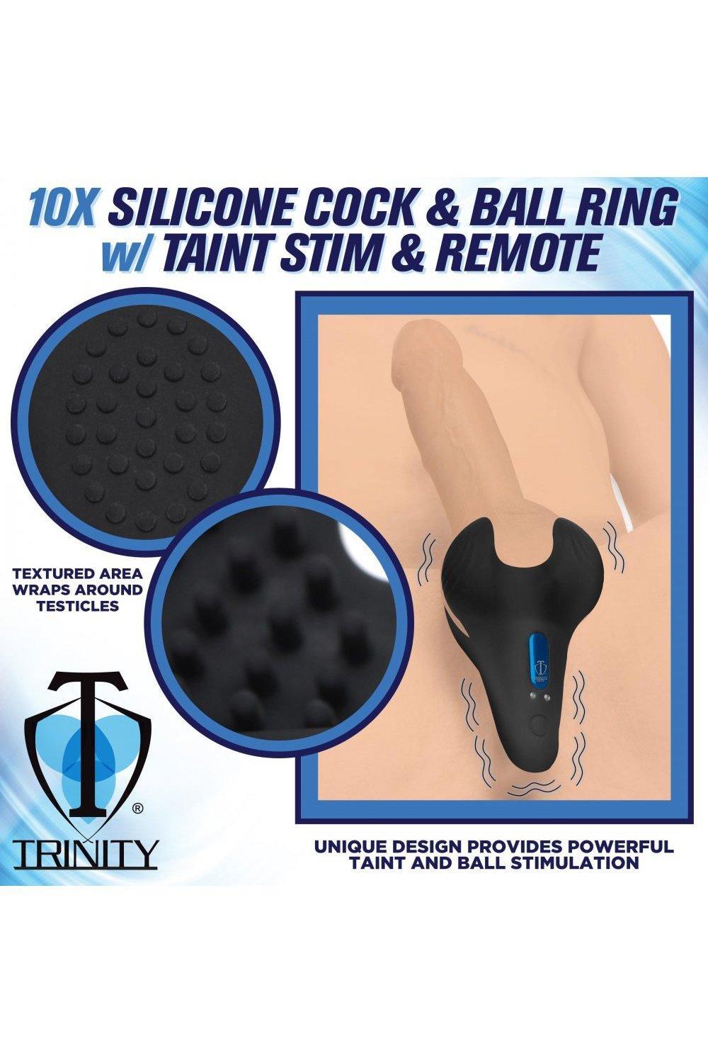 10X Vibrating Silicone Cock Ring with Taint Stim and Remote - Sex On the Go