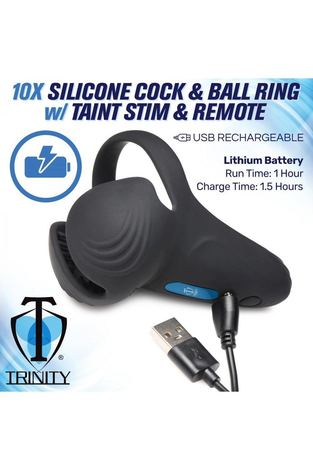 10X Vibrating Silicone Cock Ring with Taint Stim and Remote - Sex On the Go