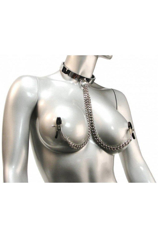 Chrome Slave Collar with Nipple Clamps - Small/Medium - Sex On the Go